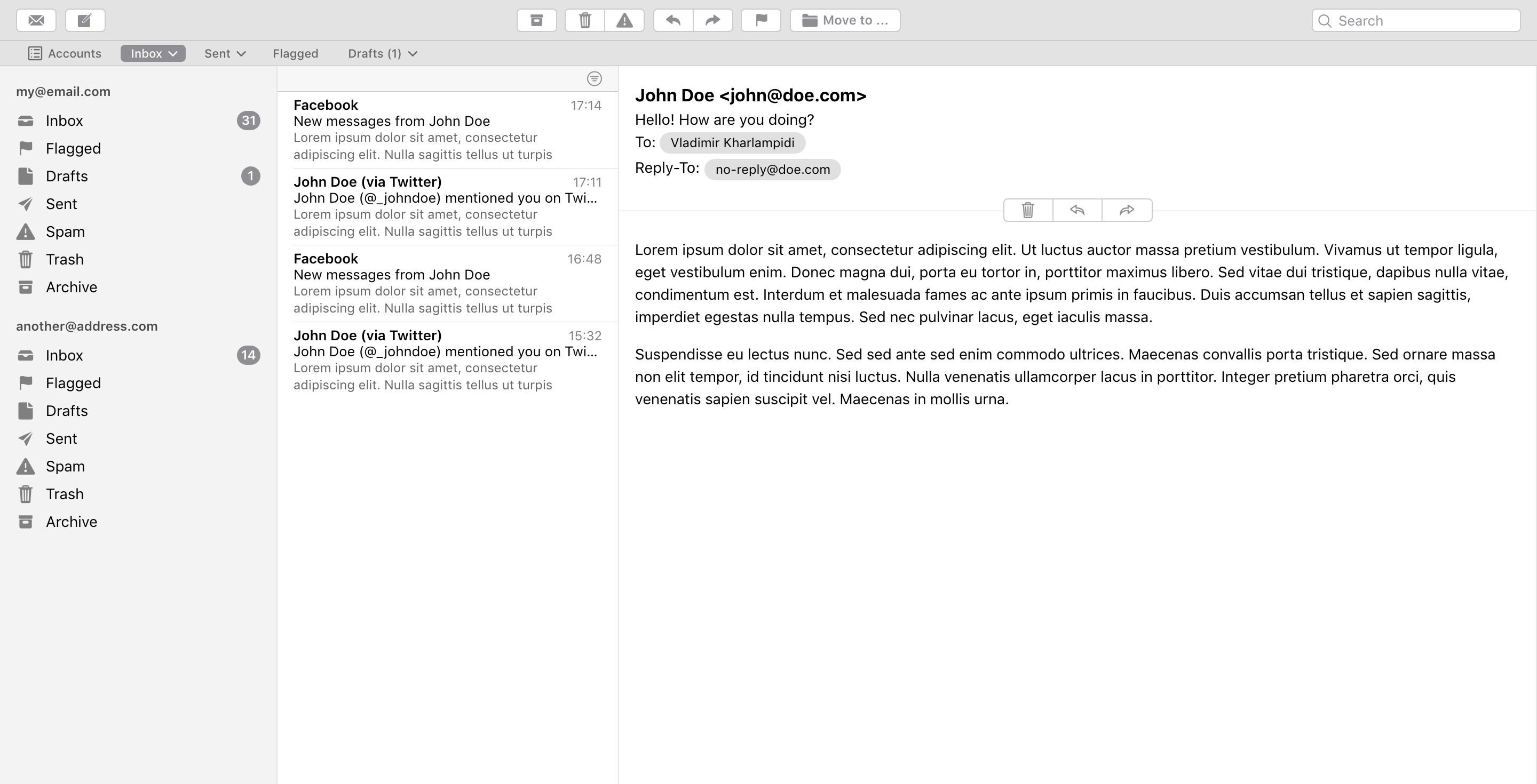 macOs Mail app with two Appbars on top